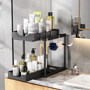 2-Tier Retractable Organizer Shelf, Fits Under Sink, Kitchen, Bathroom, Hooks Included, Plastic 