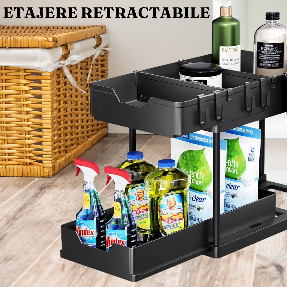 2-Tier Retractable Organizer Shelf, Fits Under Sink, Kitchen, Bathroom, Hooks Included, Plastic 
