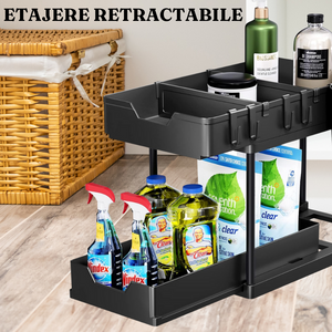 2-Tier Retractable Organizer Shelf, Fits Under Sink, Kitchen, Bathroom, Hooks Included, Plastic 