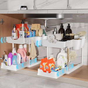 2-Tier Retractable Organizer Shelf, Fits Under Sink, Kitchen, Bathroom, Hooks Included, Plastic 