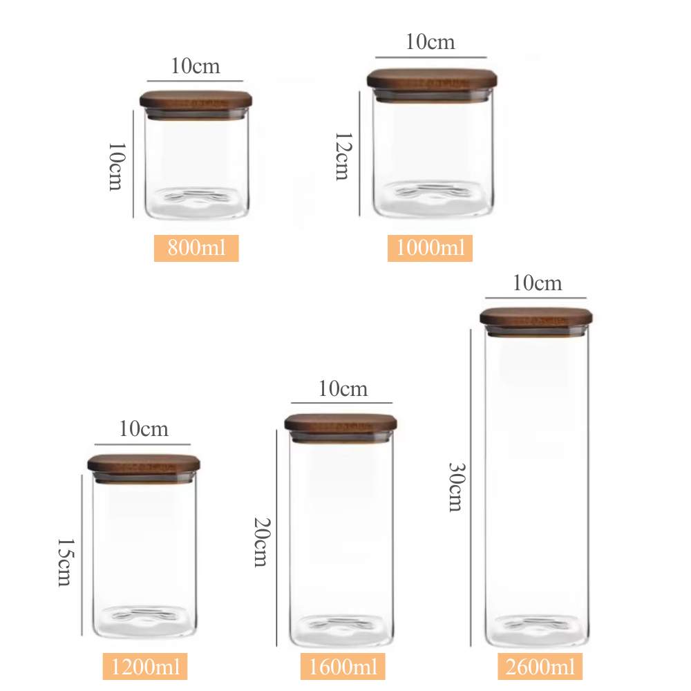 Set of 5 Food Storage Containers, Glass, Leakproof Lids Made of Bamboo/Acacia Wood