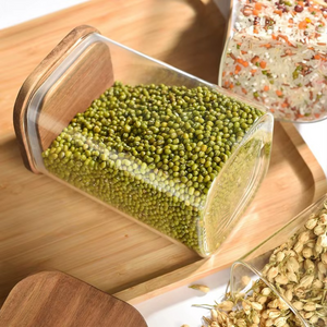 Set of 5 Food Storage Containers, Glass, Leakproof Lids Made of Bamboo/Acacia Wood