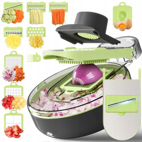 Multifunctional Slicer, 12 Pieces, for Fruits, Vegetables, Storage Container, Gray/Green