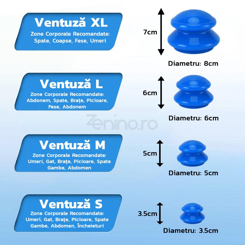 Set of 4 Massage Cupping Cups, Therapeutic, Anti-Cellulite, Relaxation, Soft Silicone, Transparent/Blue