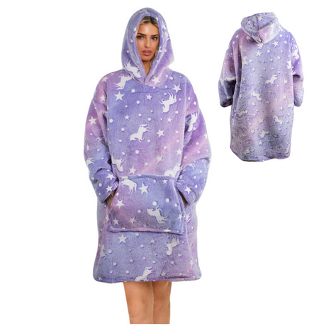Patura cu Maneci Tip Hanorac, Gluga, Buzunar Marsupiu, din Fleece, Pufos, Confortabil, Mentine Caldura, Marime Universala, Imprimeu Fosforescent, Adulti si Copii
