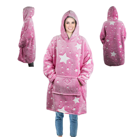 Patura cu Maneci Tip Hanorac, Gluga, Buzunar Marsupiu, din Fleece, Pufos, Confortabil, Mentine Caldura, Marime Universala, Imprimeu Fosforescent, Adulti si Copii