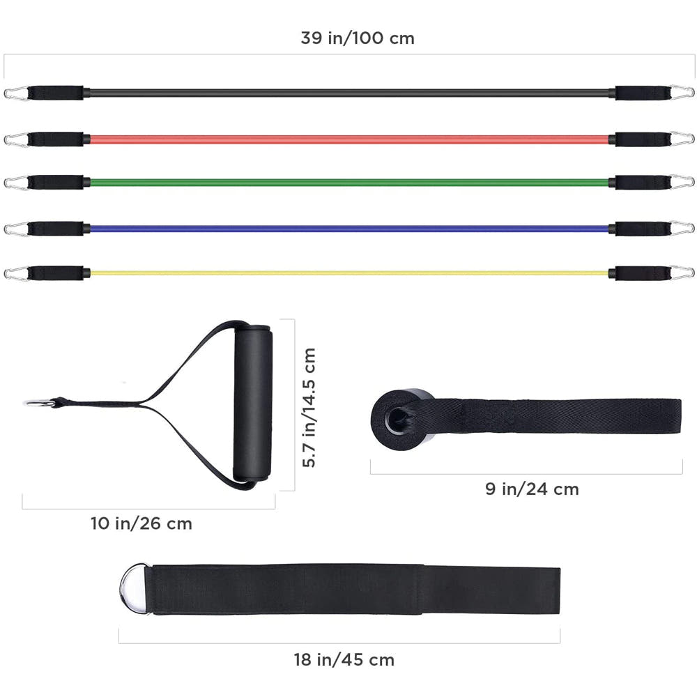 Training Set, Expander with 11 Accessories, 5 Elastic Bands, 2 Handles, 2 Leg Straps, Door Anchor, Bag, Fitness, Black