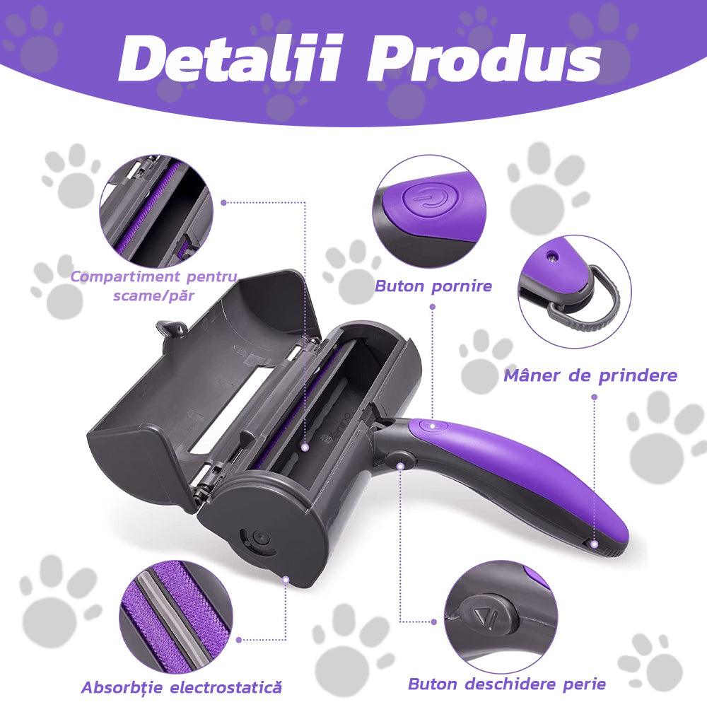 Perie cu Micro-Vibratii, LED, Tehnologie Microsonica, Indeparteaza Parul Animalelor si Scamele, Reutilizabila, Mov