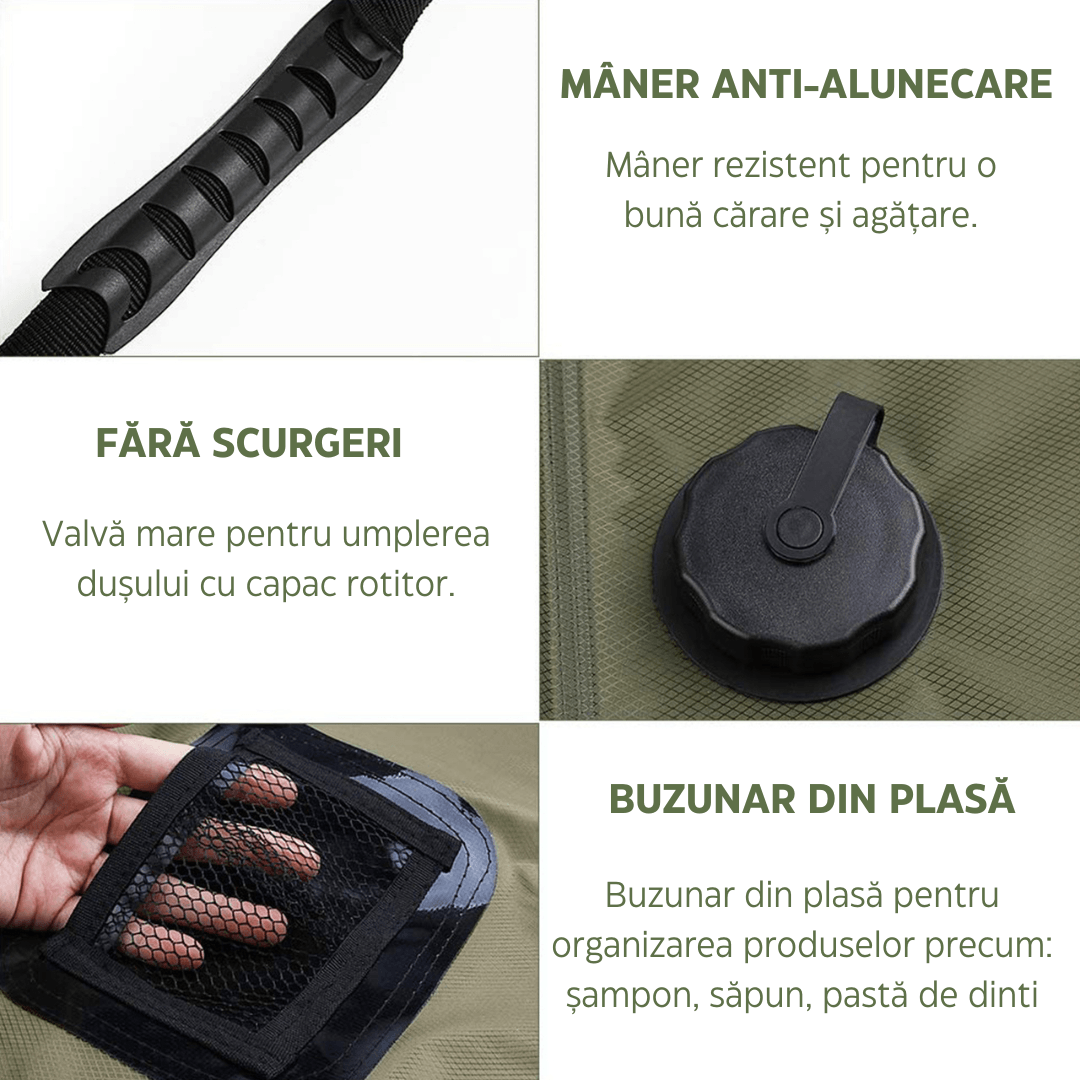 Portable Solar Heated Shower for Camping, 20L, with Thermometer, Leakproof Closure, Hanging Handle, Green