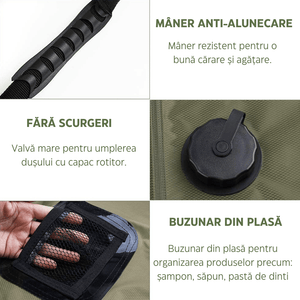 Portable Solar Heated Shower for Camping, 20L, with Thermometer, Leakproof Closure, Hanging Handle, Green