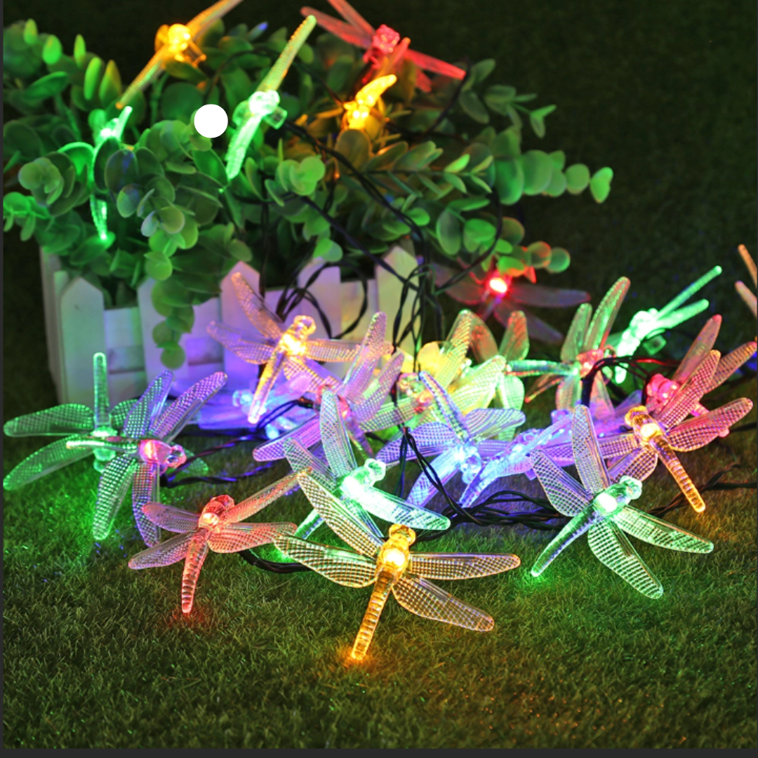 Solar Panel String, 30 LED, Dragonfly Shape, IP65, Ground Mount, 7 Hours Lighting, Length 6.5m, Multicolor