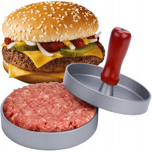 Burger Press, Non-Stick Coating, Wooden Handle, 12 cm, Aluminum Alloy, Gray 