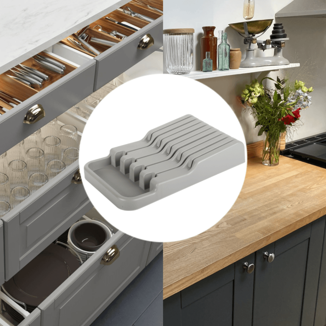 Drawer Knife Organizer, 9 Compartments, Non-Slip Feet, Plastic, 17.5cm x 30cm, Grey
