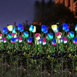 Set of 4 Zenino Tulip Solar Lamps - 3 Flowers per Lamp, Durable, IP65, Ground Mounted, 600mAh, 78 cm, Multicolor