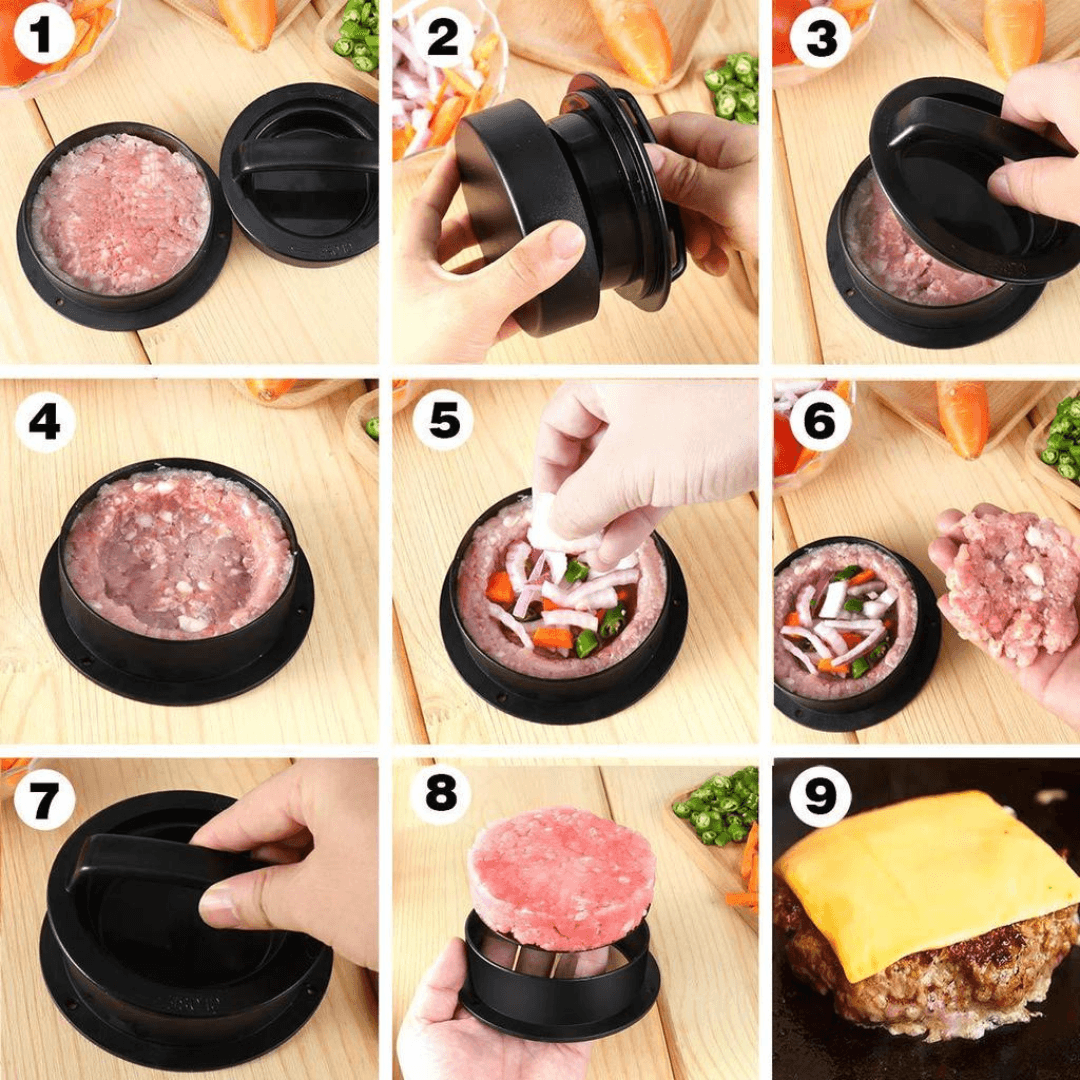 3in1 Hamburger Press, Non-Stick, Easy to Clean, Simple to Use, Diameter 16.5 cm, Black