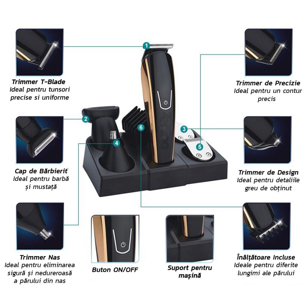 8in1 Hair Clipper, Trimmer, Razor, Accessories, Interchangeable Heads, Battery, Black/Gold 