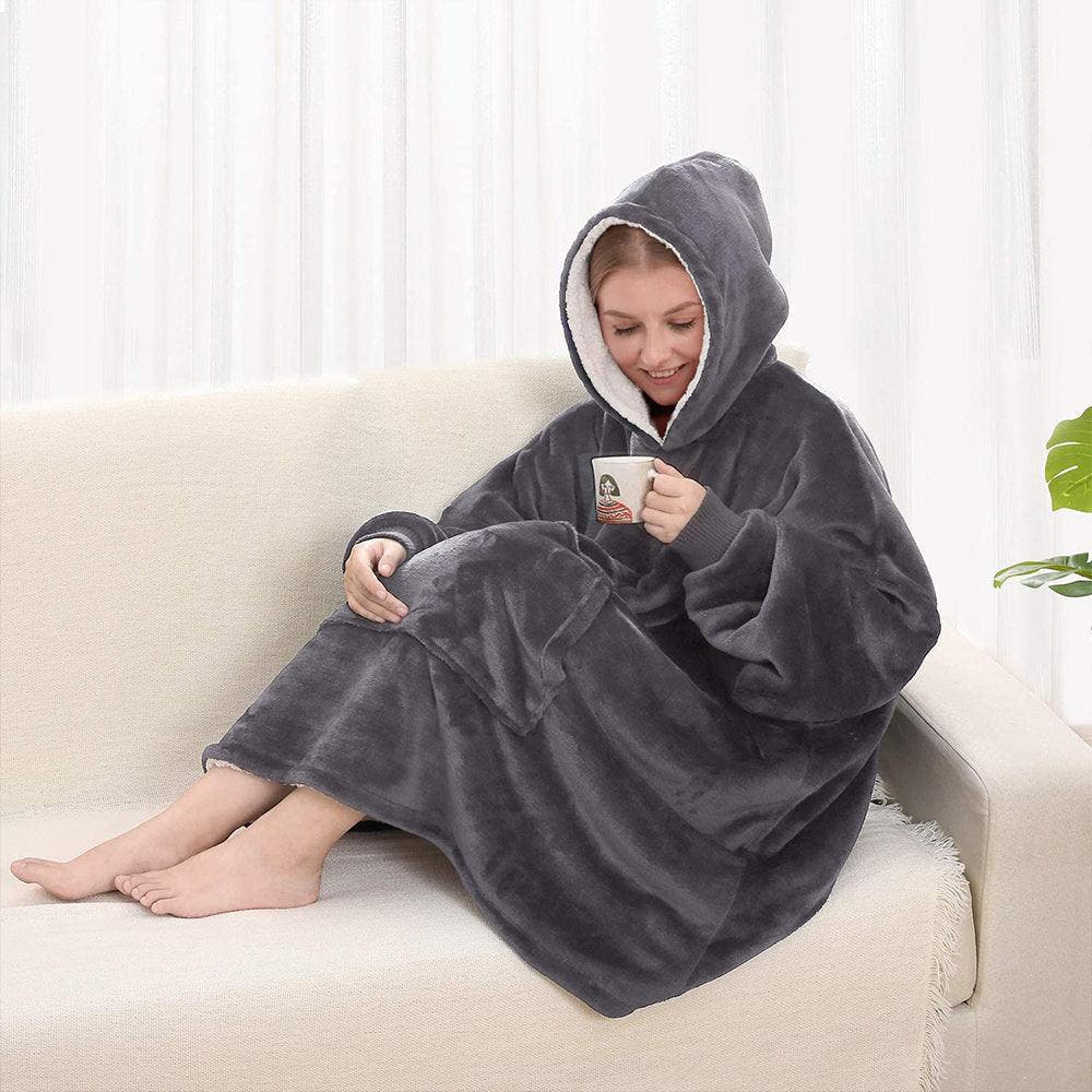 Zenino Hoodie Blanket, 2 In 1, Hood and Sleeves, Front Pocket, Warm, Padded, XXL, Universal 