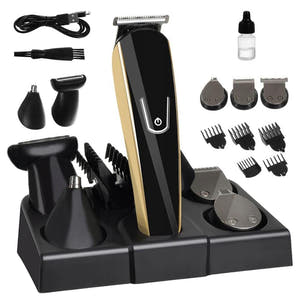 8in1 Hair Clipper, Trimmer, Razor, Accessories, Interchangeable Heads, Battery, Black/Gold 